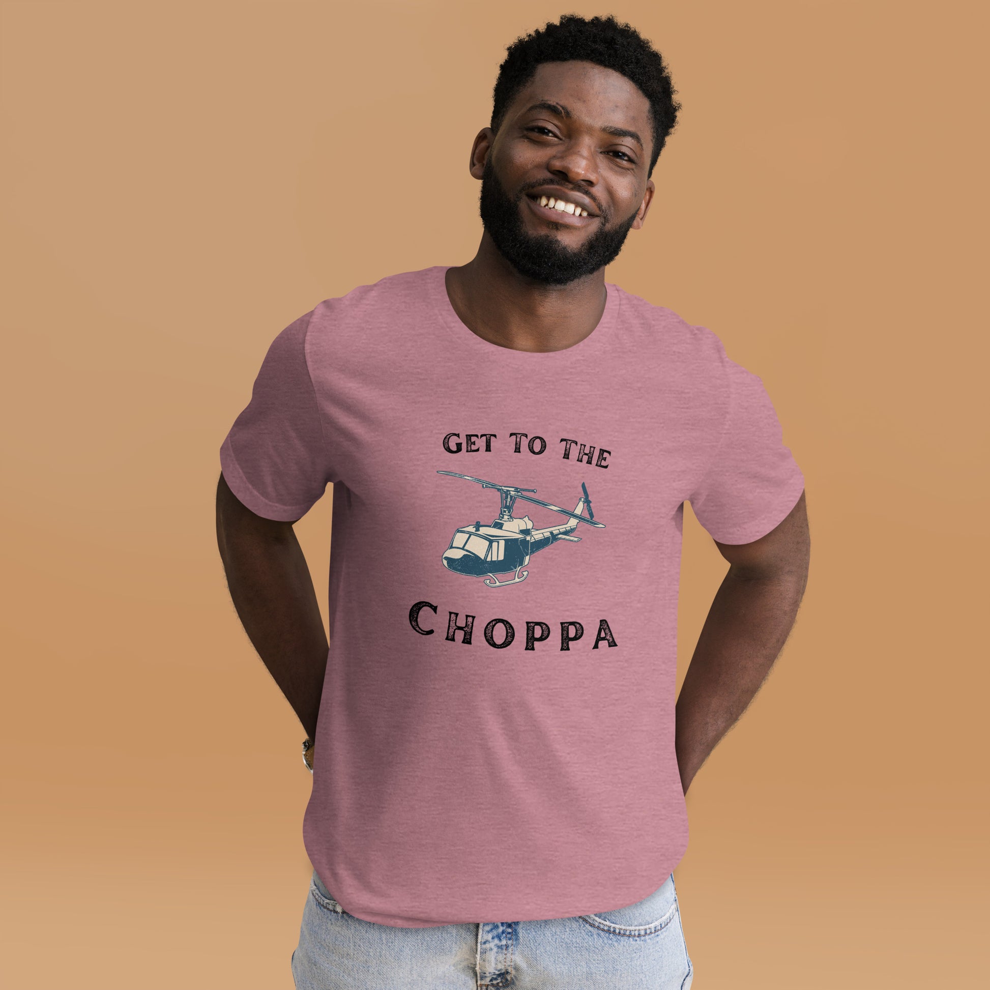 Action movie-themed t-shirt with Get to the Choppa slogan
