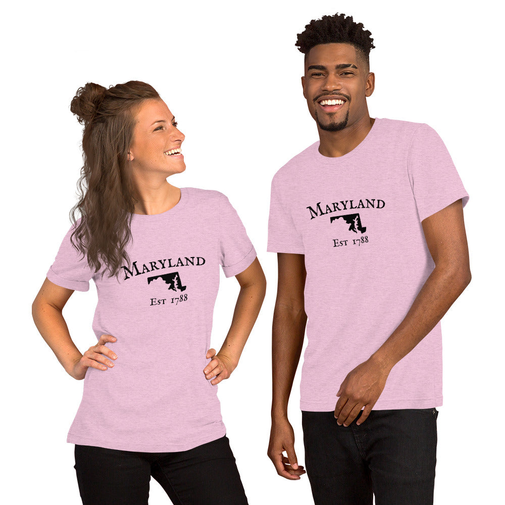 Maryland state shirts with iconic outline and text
