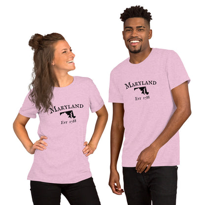 Maryland state shirts with iconic outline and text
