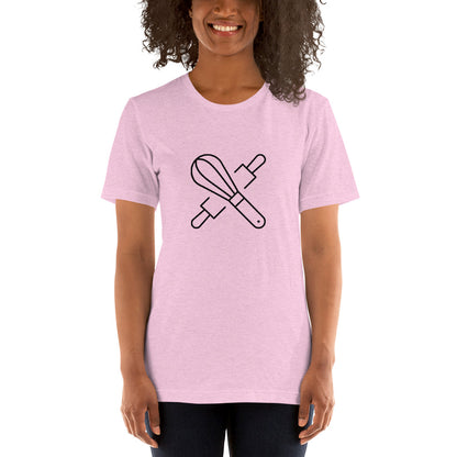 Pre-shrunk baking-themed t-shirt with whisk and rolling pin
