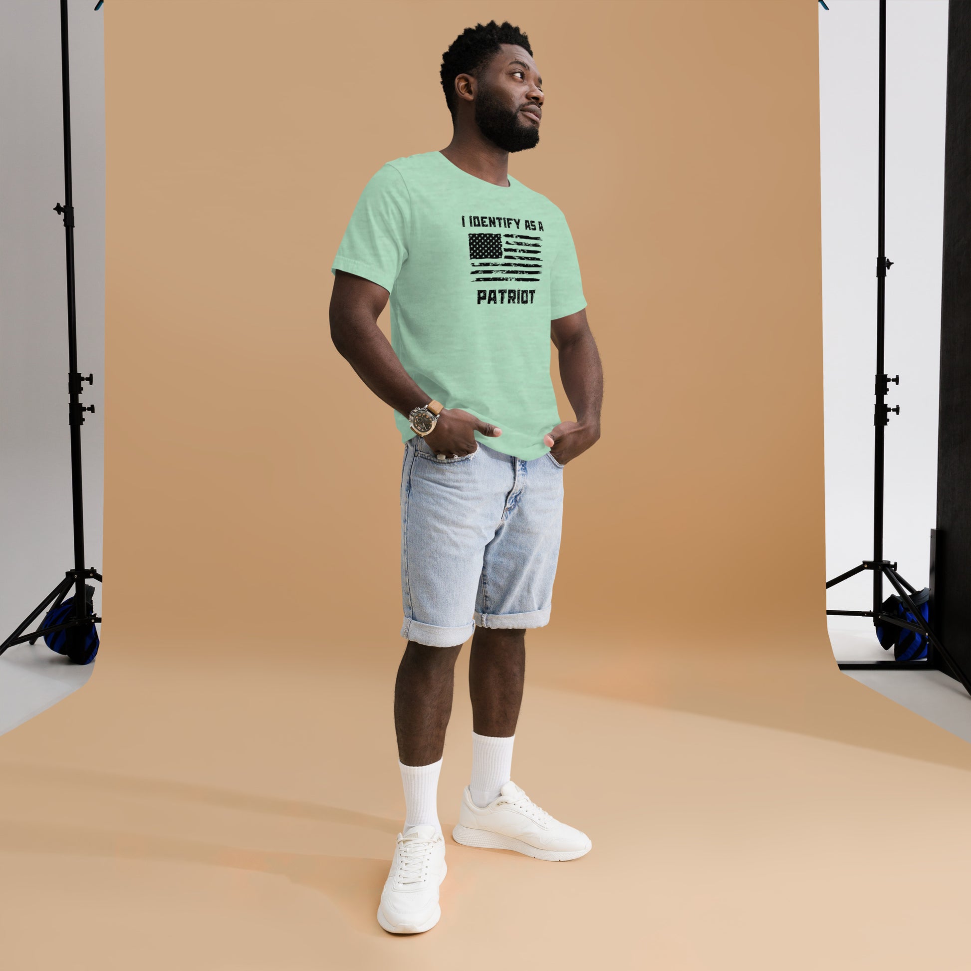 Pre-shrunk American flag t-shirt with bold text
