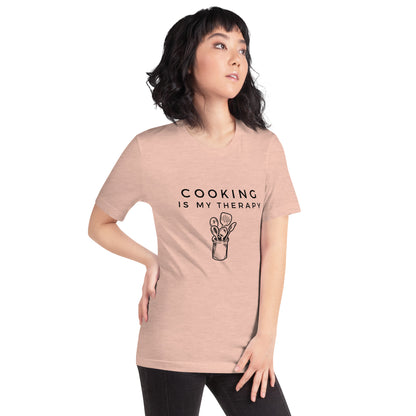 Pre-shrunk "Cooking Is My Therapy" tee for kitchen lovers