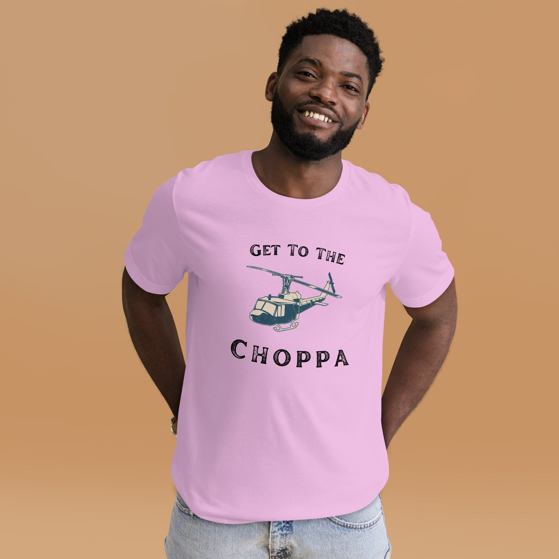 Military helicopter graphic t-shirt with Get to the Choppa text

