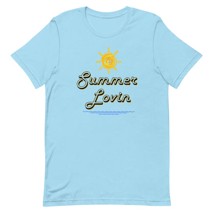 Summer t-shirt with sun design and retro text for casual wear.
