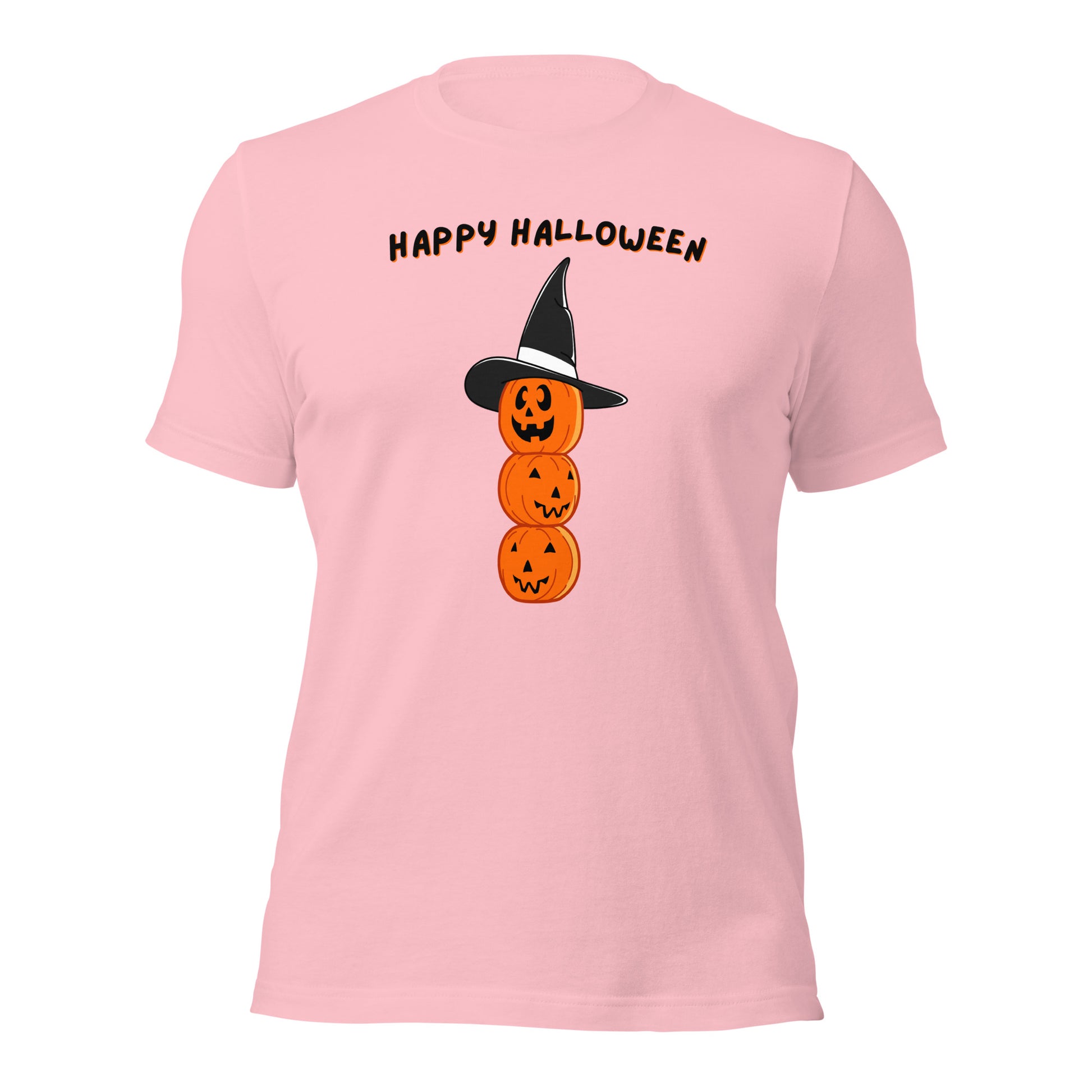Jack o lantern shirt with three stacked pumpkins and witch hat
