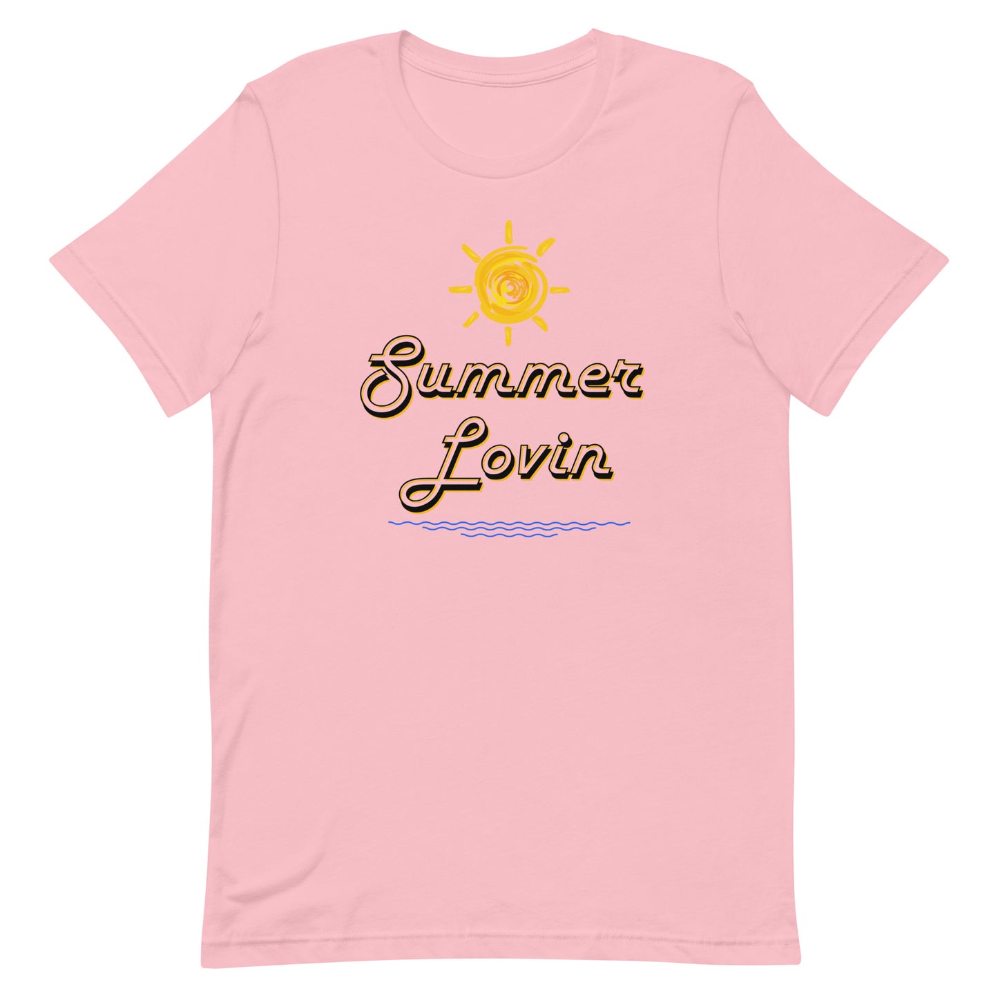 Retro-style summer shirt with sunshine and waves illustration.
