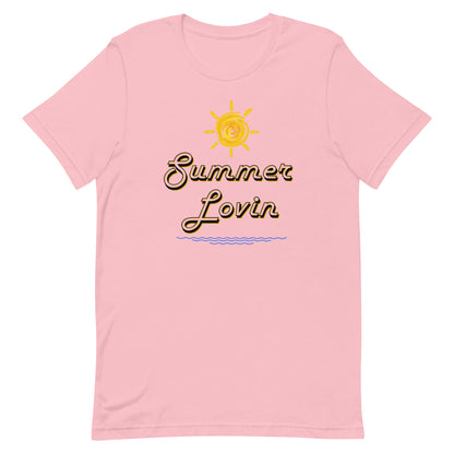 Retro-style summer shirt with sunshine and waves illustration.
