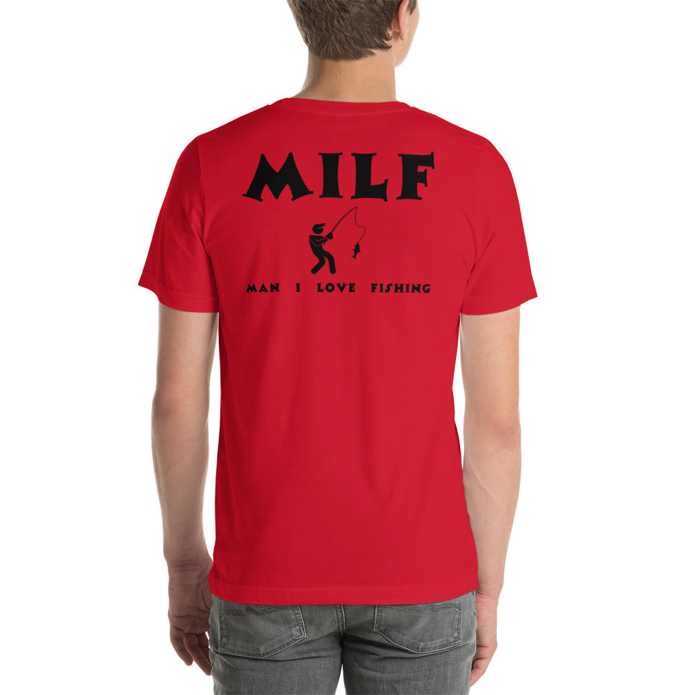 Funny fishing shirt for men featuring MILF acronym.
