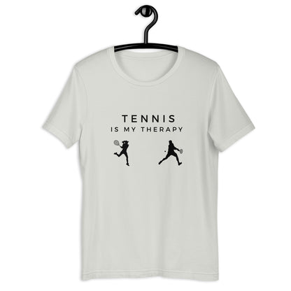 Tennis shirt with therapy-themed message
