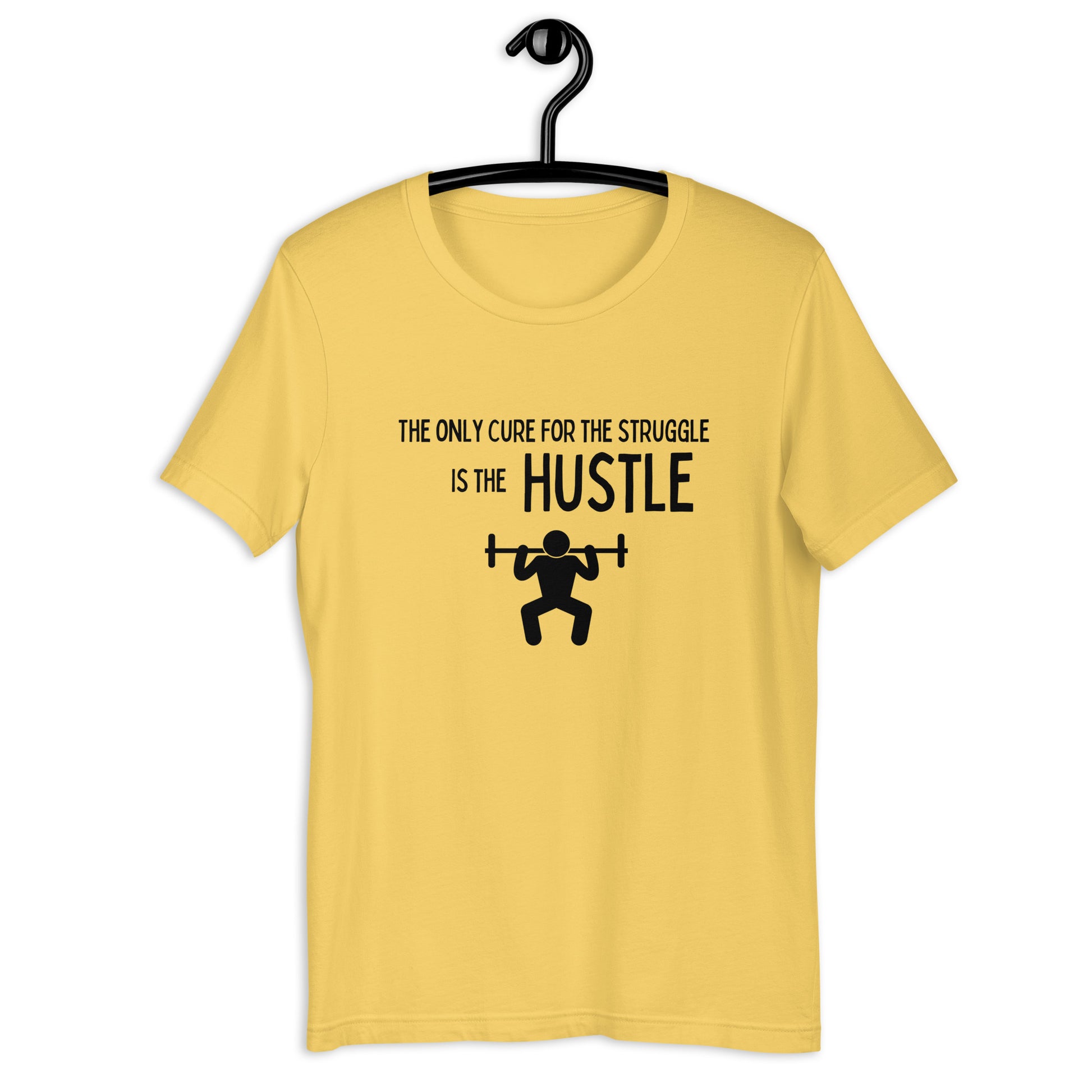 Hustle-themed t-shirt with stick man weightlifting graphic
