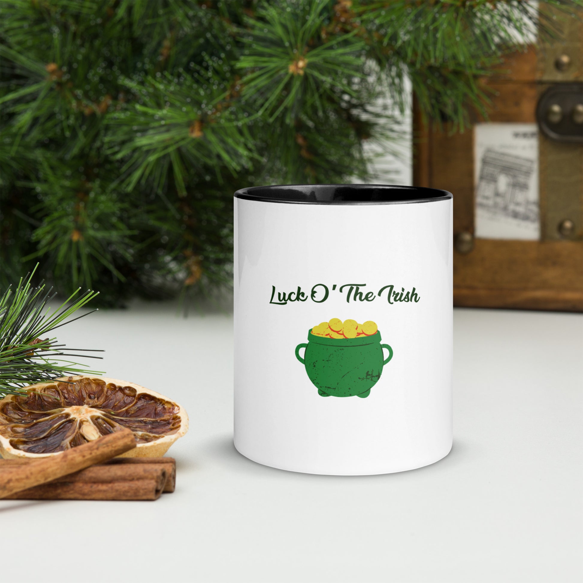 Irish-themed ceramic coffee mug with colorful rim