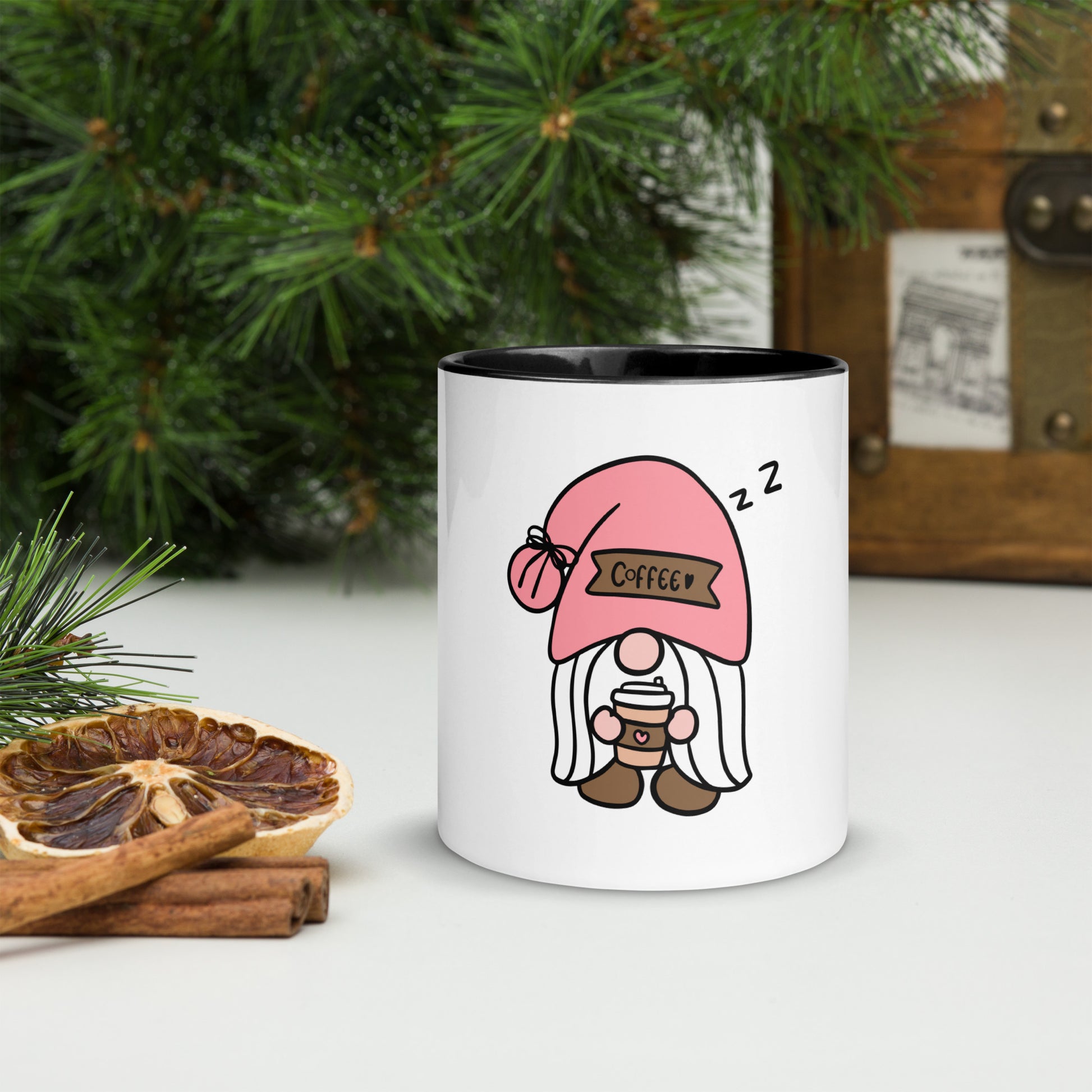 Gnome coffee mug with sleepy gnome holding coffee cup
