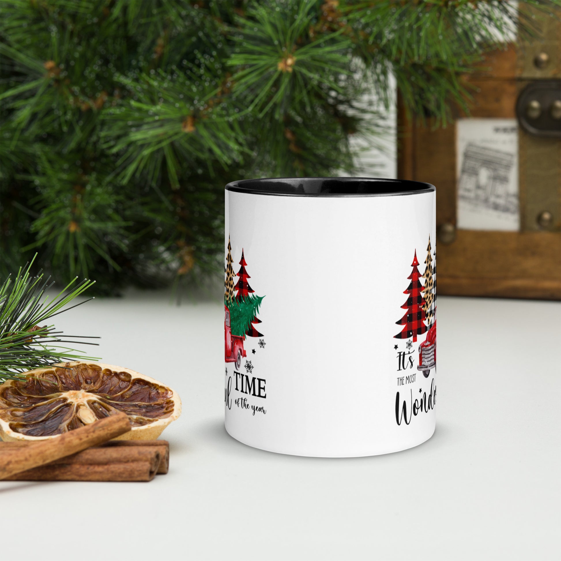Colorful Christmas coffee mug with holiday design
