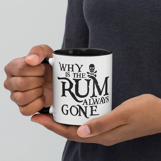 Pirate coffee mug with "Why Is the Rum Always Gone?" text
