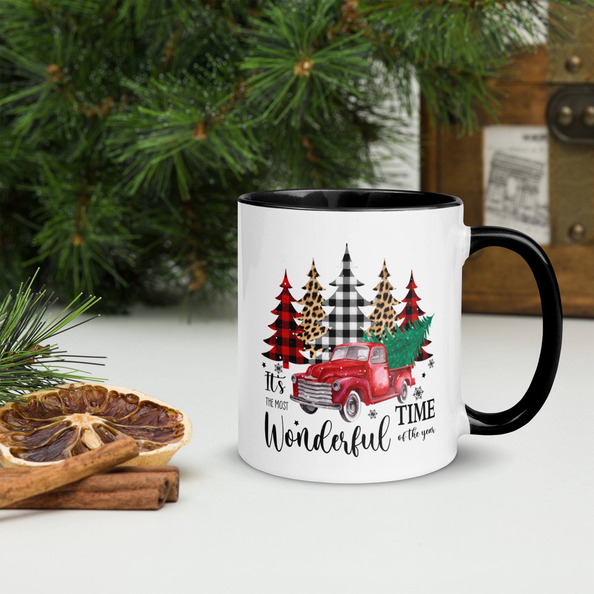 Festive holiday mug with red truck and Christmas tree
