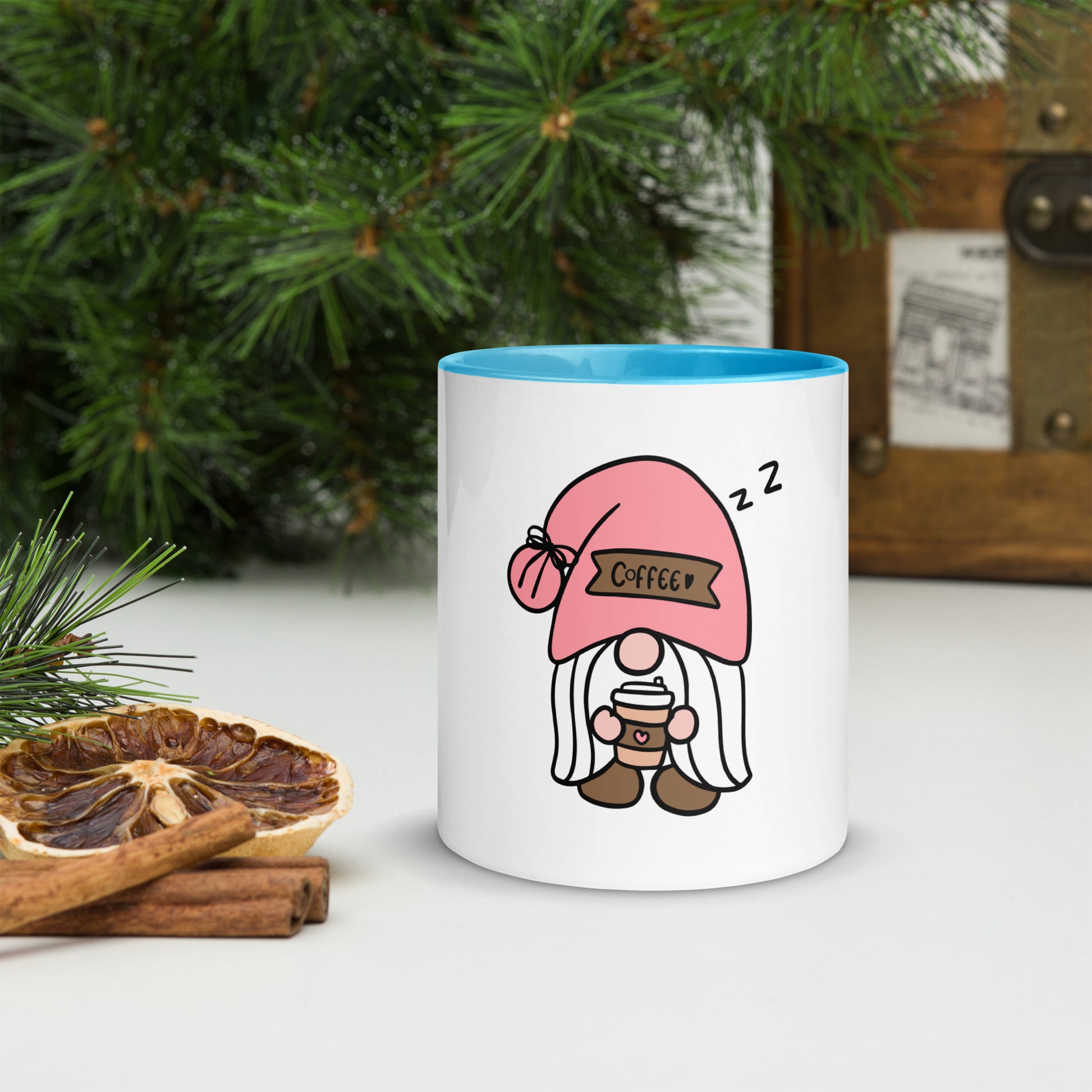 Gnome with coffee cup on a colorful, high-quality mug
