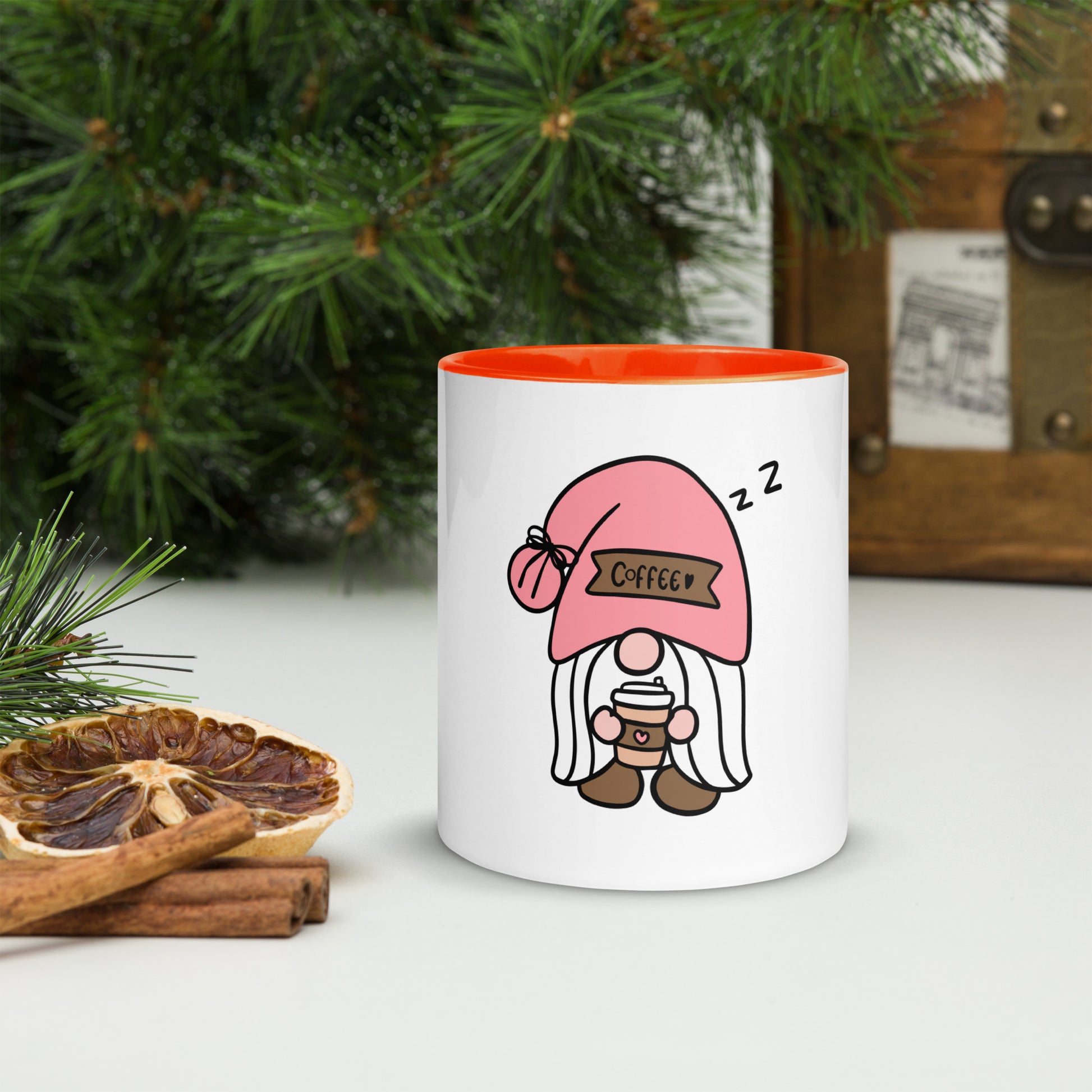 Gnome coffee cup with cute sleepy gnome illustration
