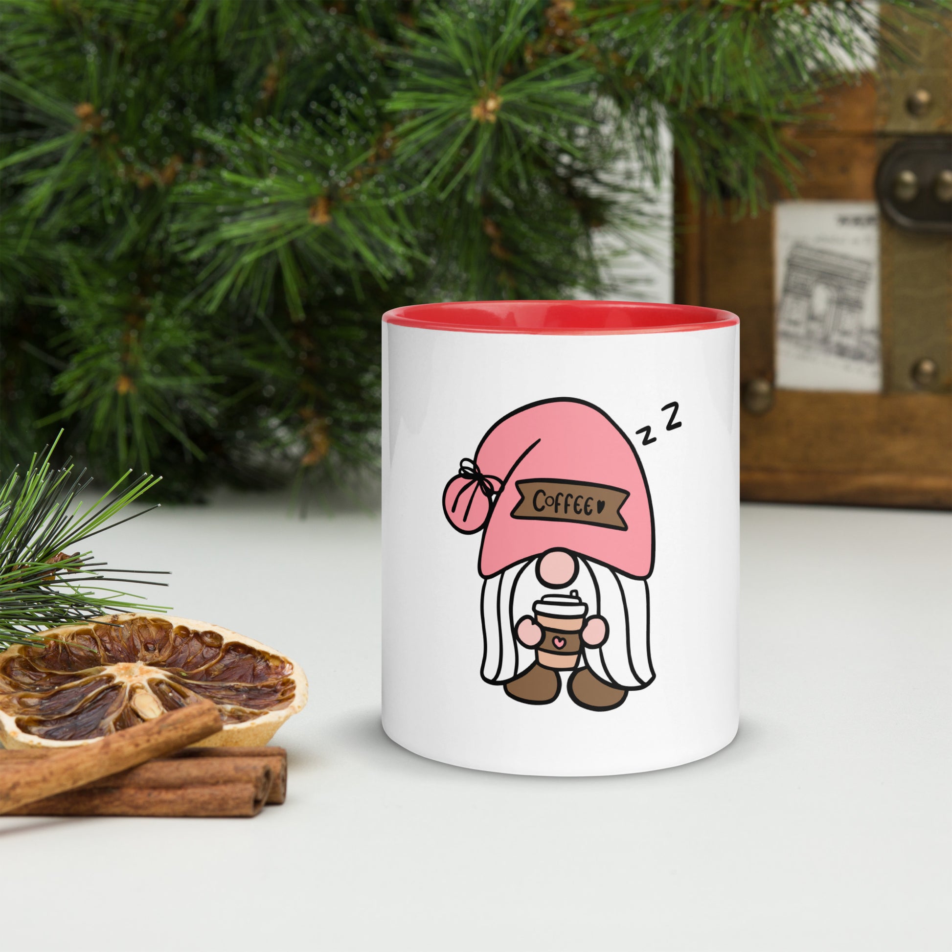 Gnome mug with pink sleeping hat and coffee cup graphic
