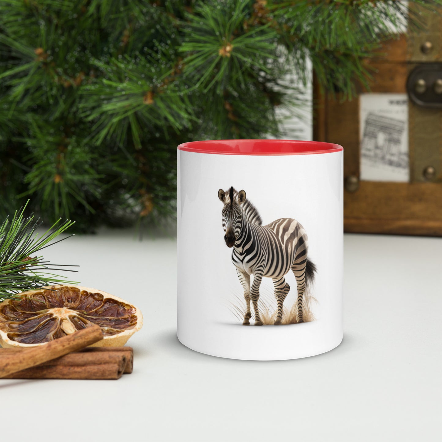 Zebra print mug with blue, pink, black, or red accents
