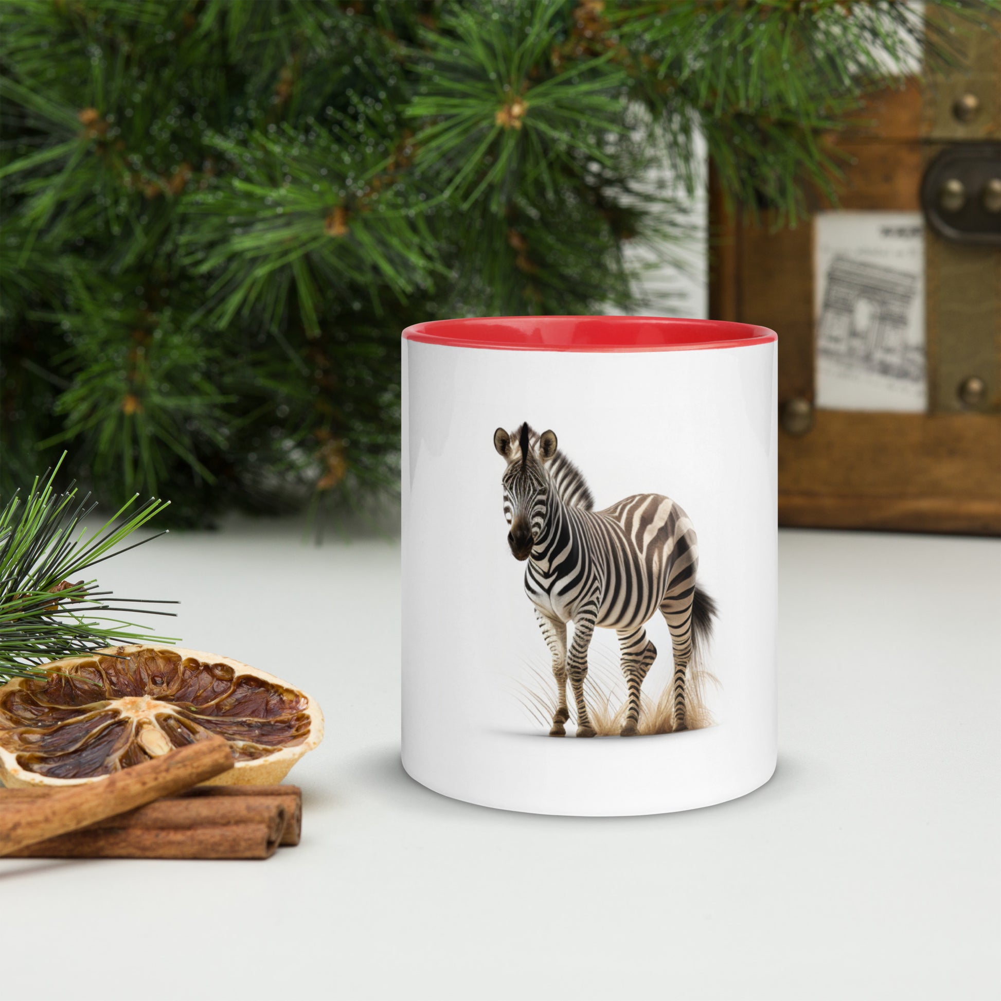 Zebra print mug with blue, pink, black, or red accents
