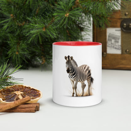 Zebra print mug with blue, pink, black, or red accents

