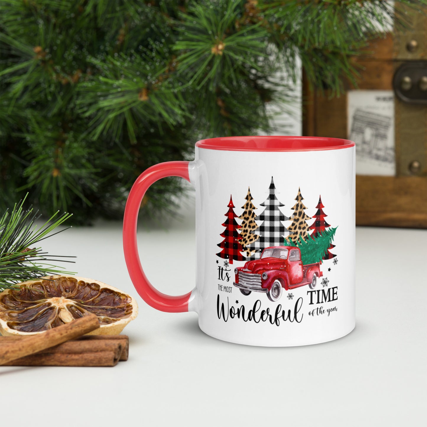 Christmas-themed coffee mug with red truck and tree
