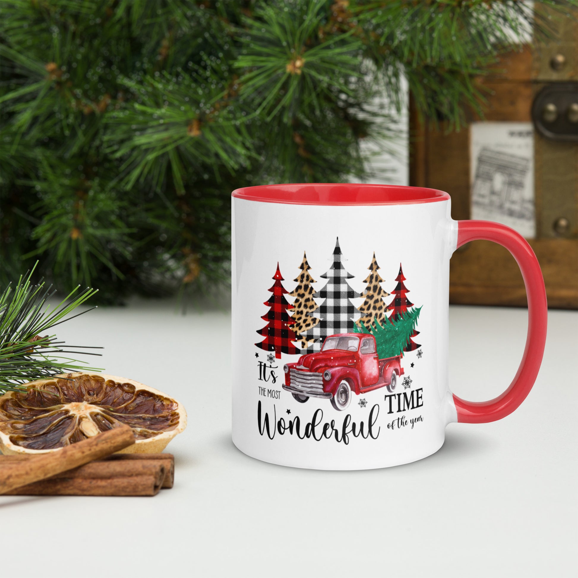 Christmas travel mug with old truck and tree graphic
