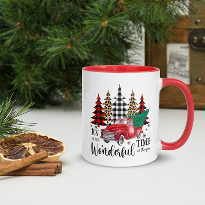 Christmas travel mug with old truck and tree graphic
