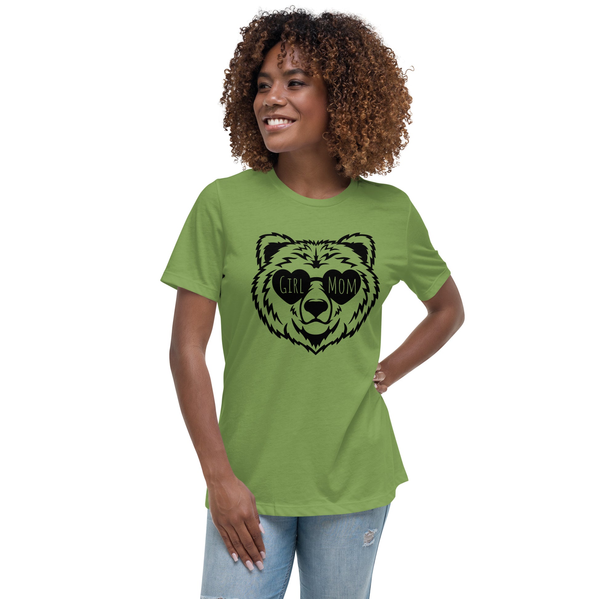 Grizzly bear wearing sunglasses with Girl Mom text on t-shirt
